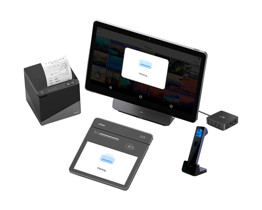 The Elys family consisting of the Elys Workstation (a stand alone non-payment system) , the Elys printer, the Elys Eye Touch (a scanner), the Elys Tablet (a payment terminal), and the Elys hub (a battery power hub).