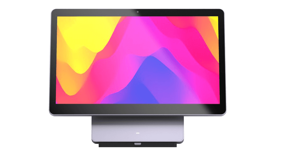 The Elys Workstation, a non-payment system with a yellow, pink, purple, and blue background screen.