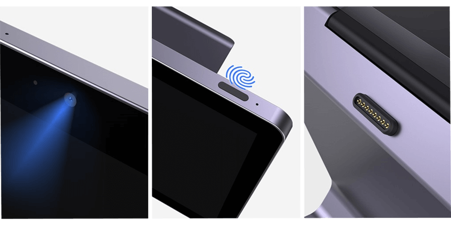 Three images of specific features of the Elys Workstation, including the camera, fingerprint id, and the pogo pin.