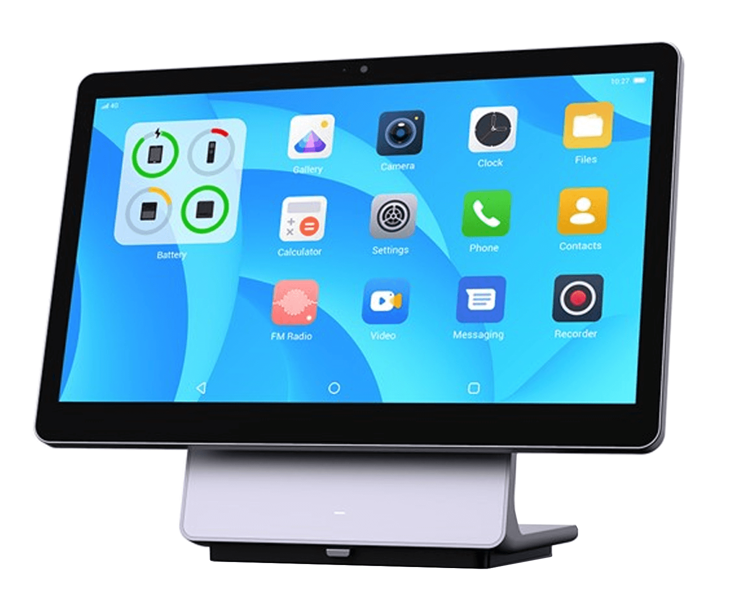 The front of the Elys Workstation featuring the home screen with various apps and a blue background.