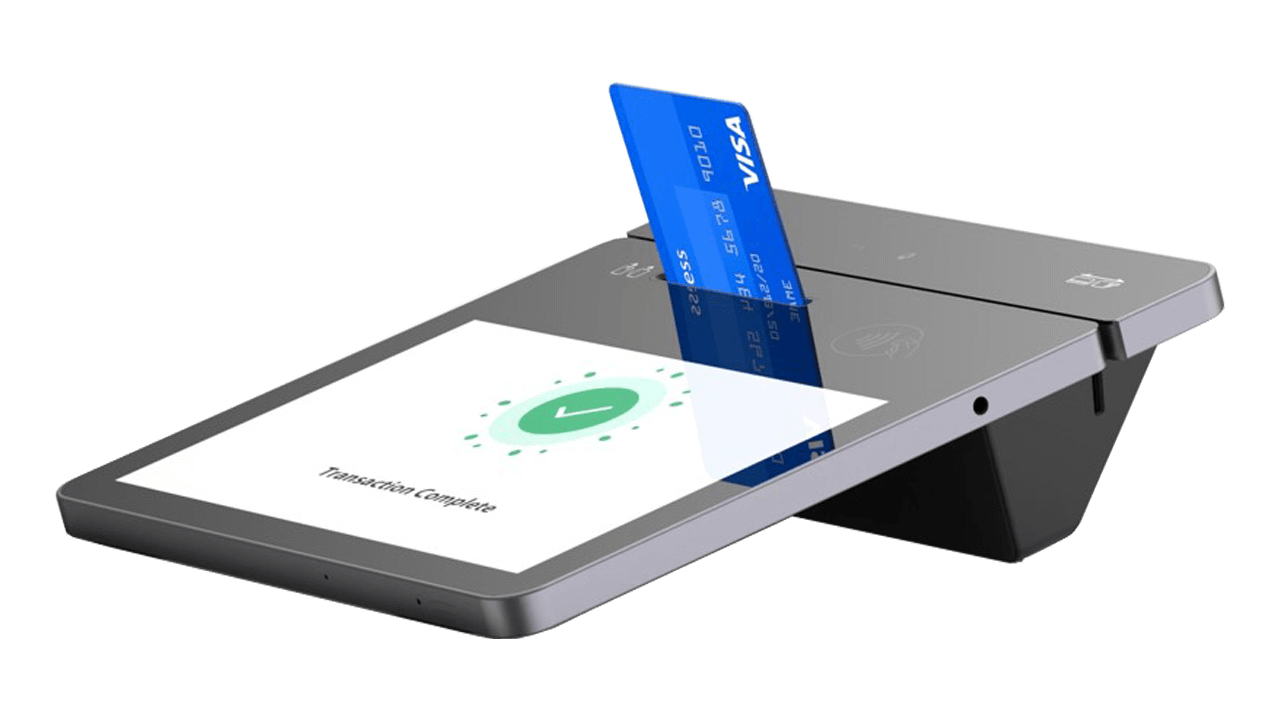 The Elys Tablet, a mobile payment device, sits at an angle with a blue Visa credit card inserted in the top of the point of sale payment terminal.