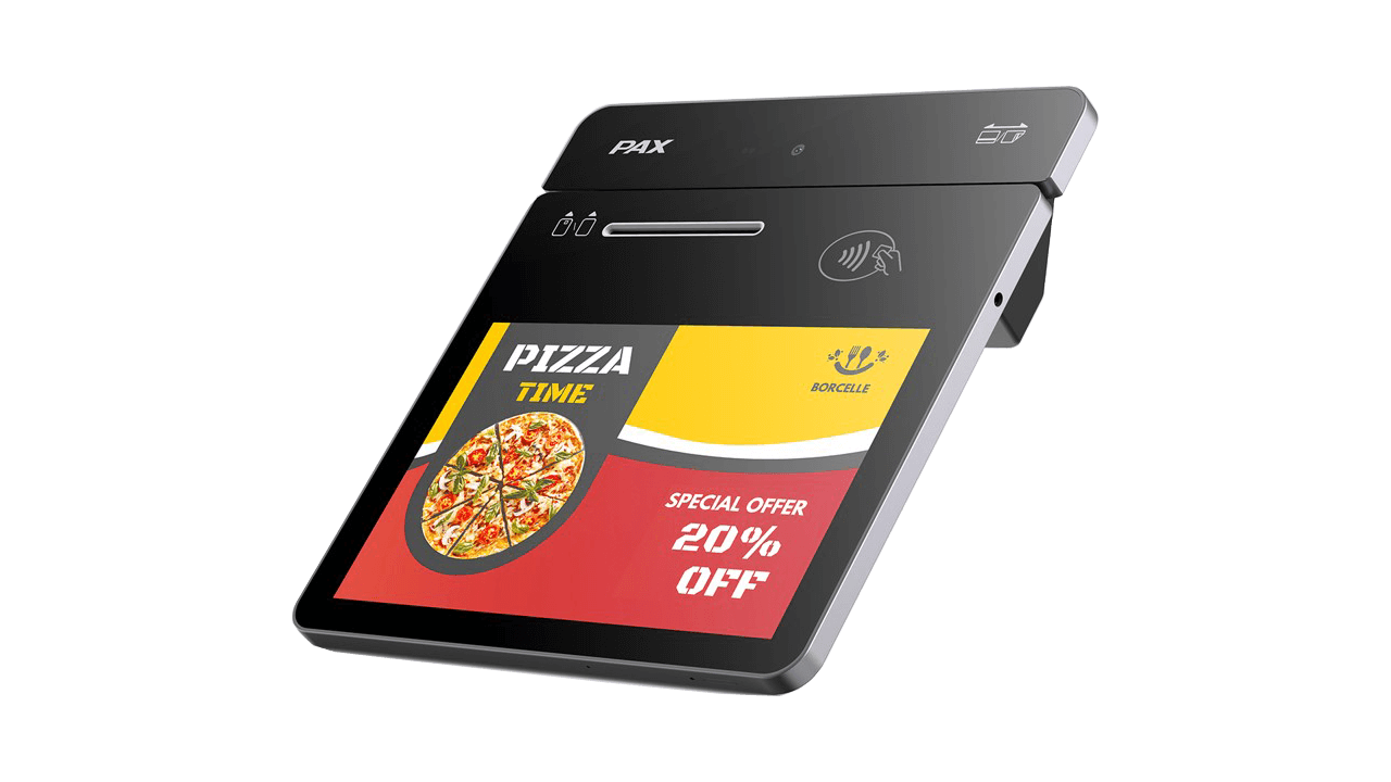 The Elys tablet, a payment device, angled upward with the terminal screen displaying pizza and an announcement for 20% off.