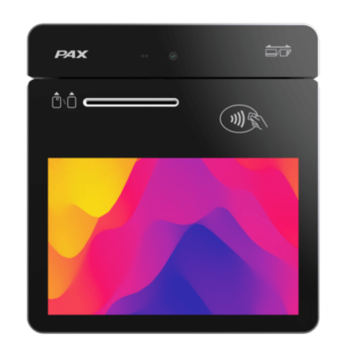 The Elys Tablet, a payment terminal with a yellow, pink, purple, and blue background screen.