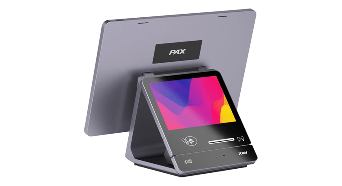 The Elys Workstation and the Elys Tablet, a payment device, are connected as a complete point of sale system. The Elys Tablet displays a graphic of blue, purple, pink, and yellow vibrant colors.