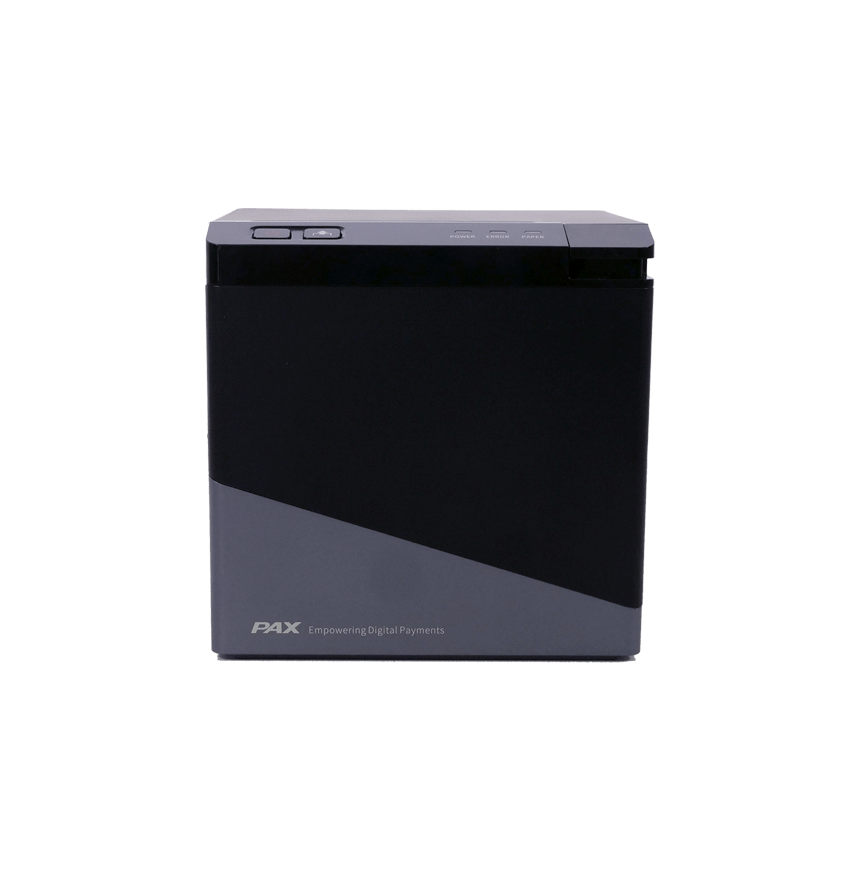 A black printer in the shape of a square with the lower third of the printer with a gray triangular shade on the bottom. The PAX logo with the tagline, Empowering Digital Payments is on the lower left corner on the printer.
