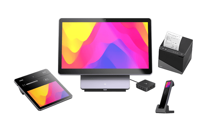 The Elys family consisting of the Elys Workstation (a stand alone non-payment system) , the Elys printer, the Elys Eye Touch (a scanner), the Elys Tablet (a payment terminal), and the Elys hub (a battery power hub).