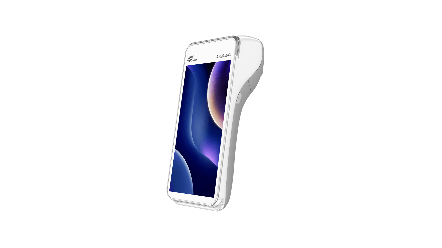 White handheld payment device angled right with blue, purple, and gold wavey lines screen saver