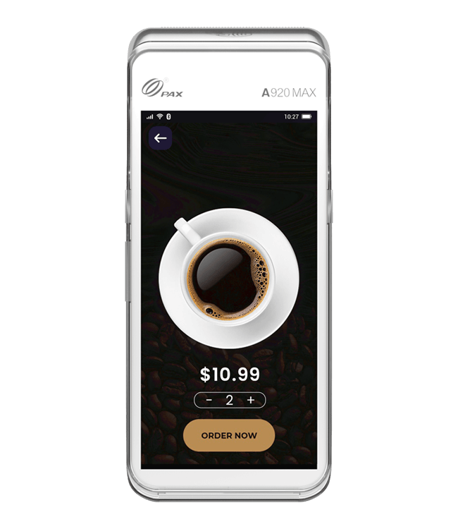 White handheld payment device with the top view of a coffee cup and $10.99 under the cup screen