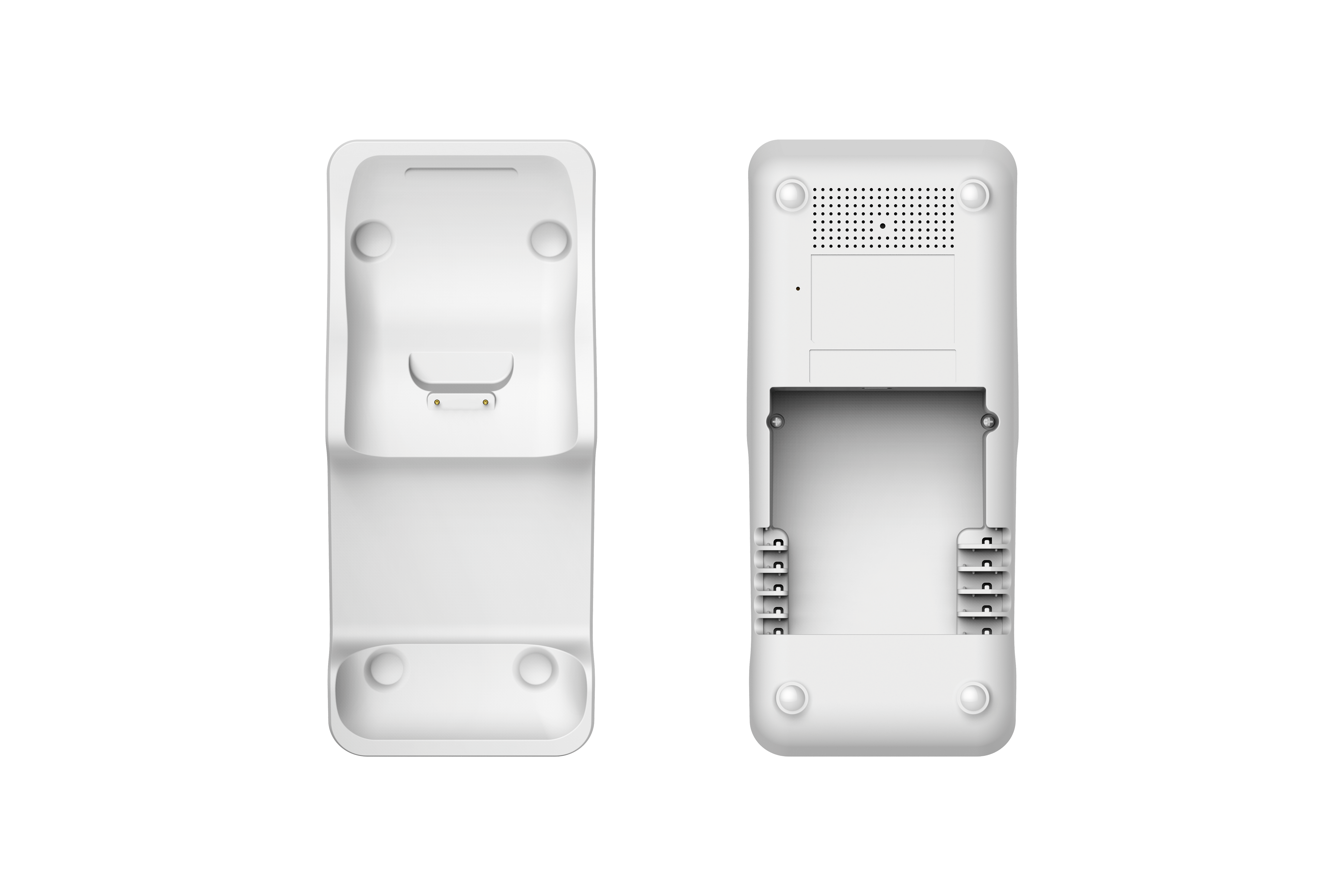 Front and rear view of white payment device charging station.