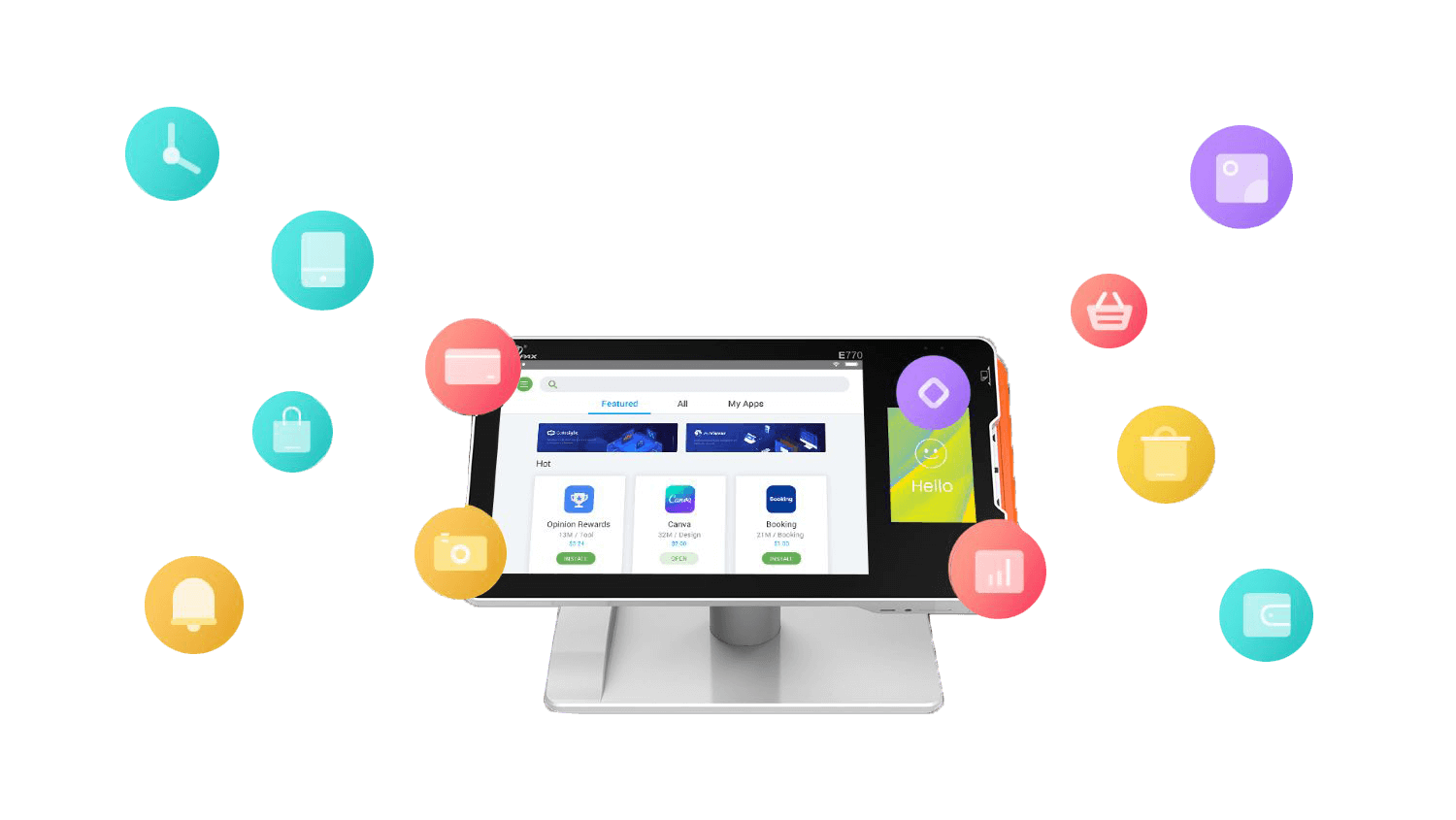 Payment terminal with featured apps on the screen and different colored icons surrounding the terminal