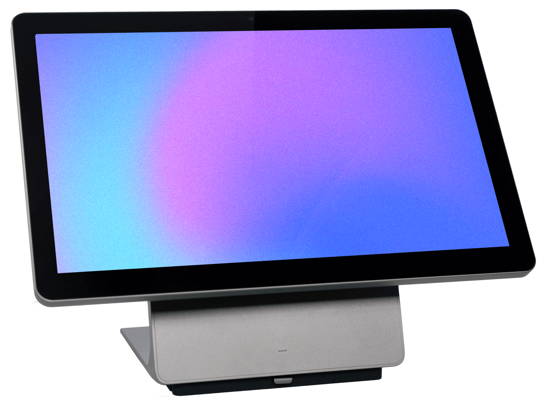 Close up of workstation with a blue and purple gradient screen saver. The device is angled to the right