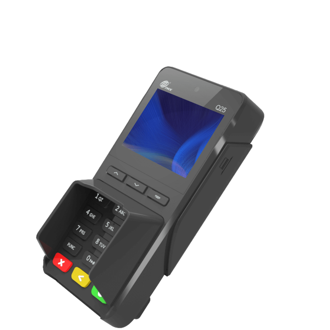 Payment device with pin pad and blue wavy line screen background. The device is angled left.