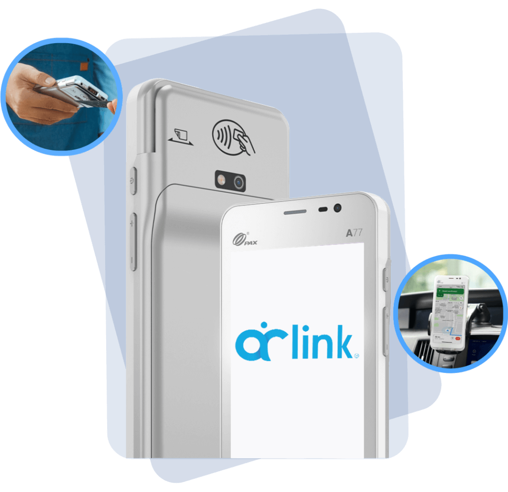 An A77 mobile payment device with a white background and a logo that says Airlink. On either side of the A77 are two use case images of the A77 being used to take a payment and sitting in a car.