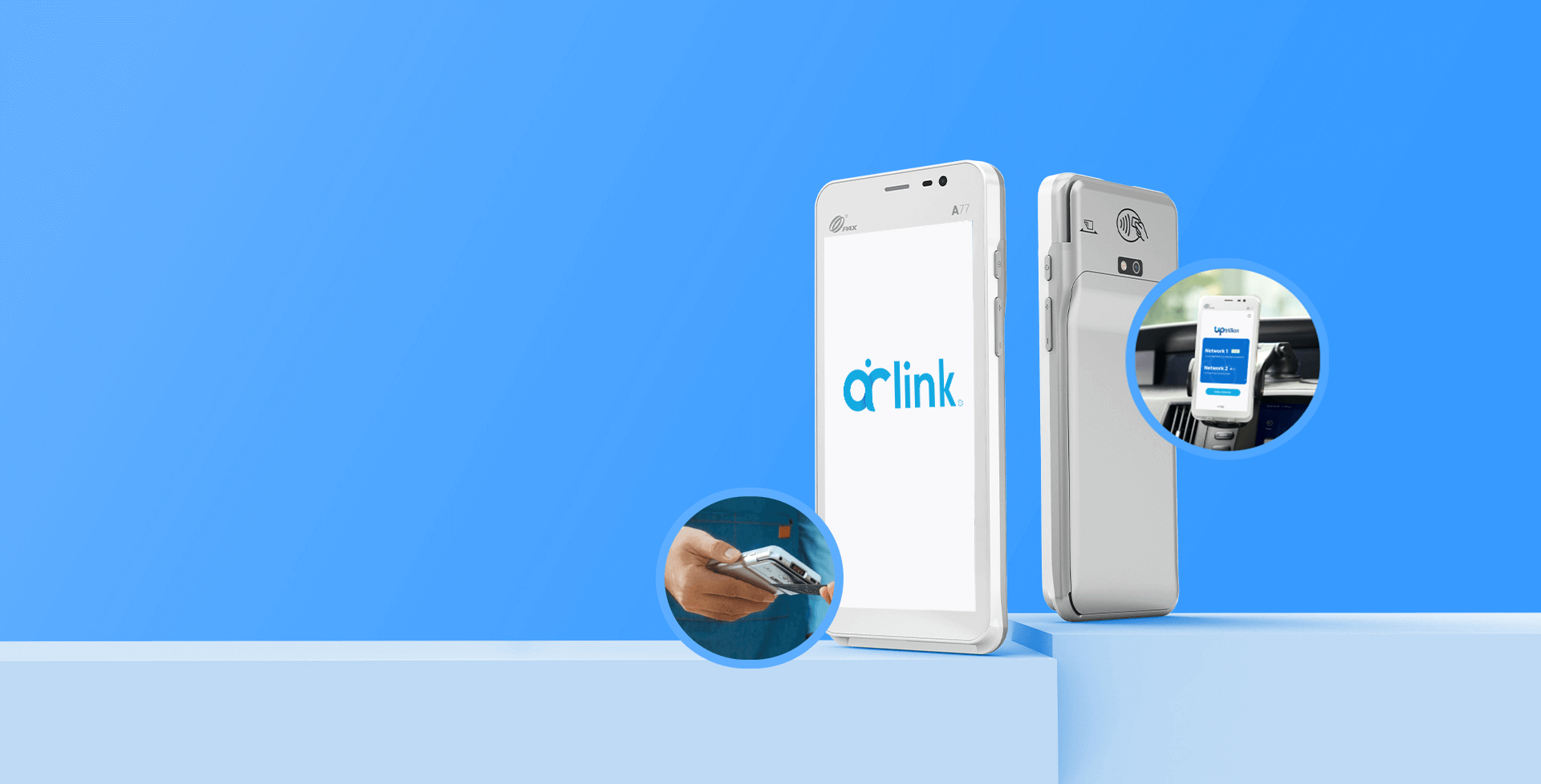 A77,front and back, mobile payment device displaying 'airlink' on screen. Overall background is blue. Showing off use cases in small circles